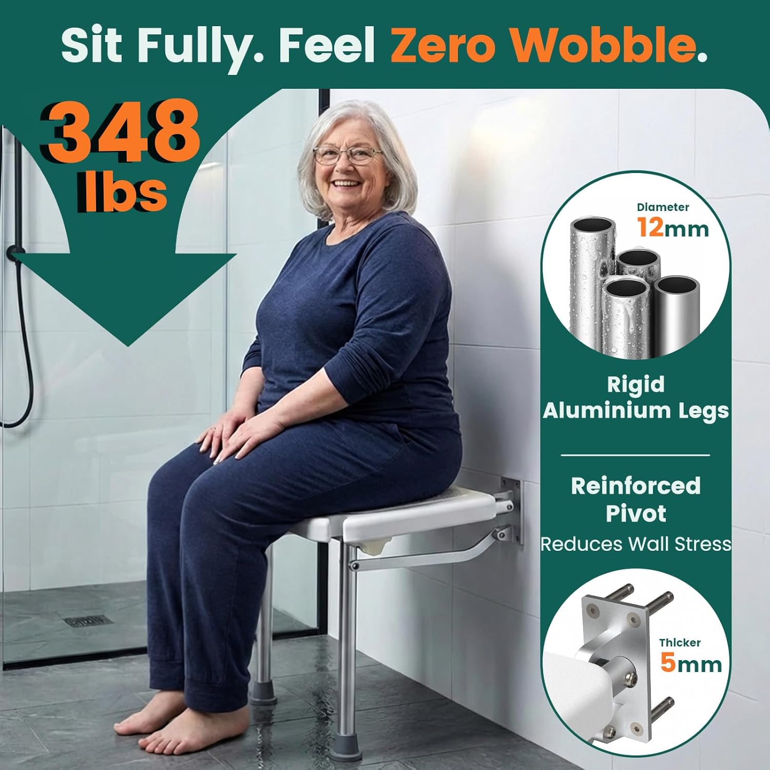 Luckfaith LC13 Wall-Mounted Folding Shower Seat – Foldable Chair with High Load Capacity, Non-Slip Feet
