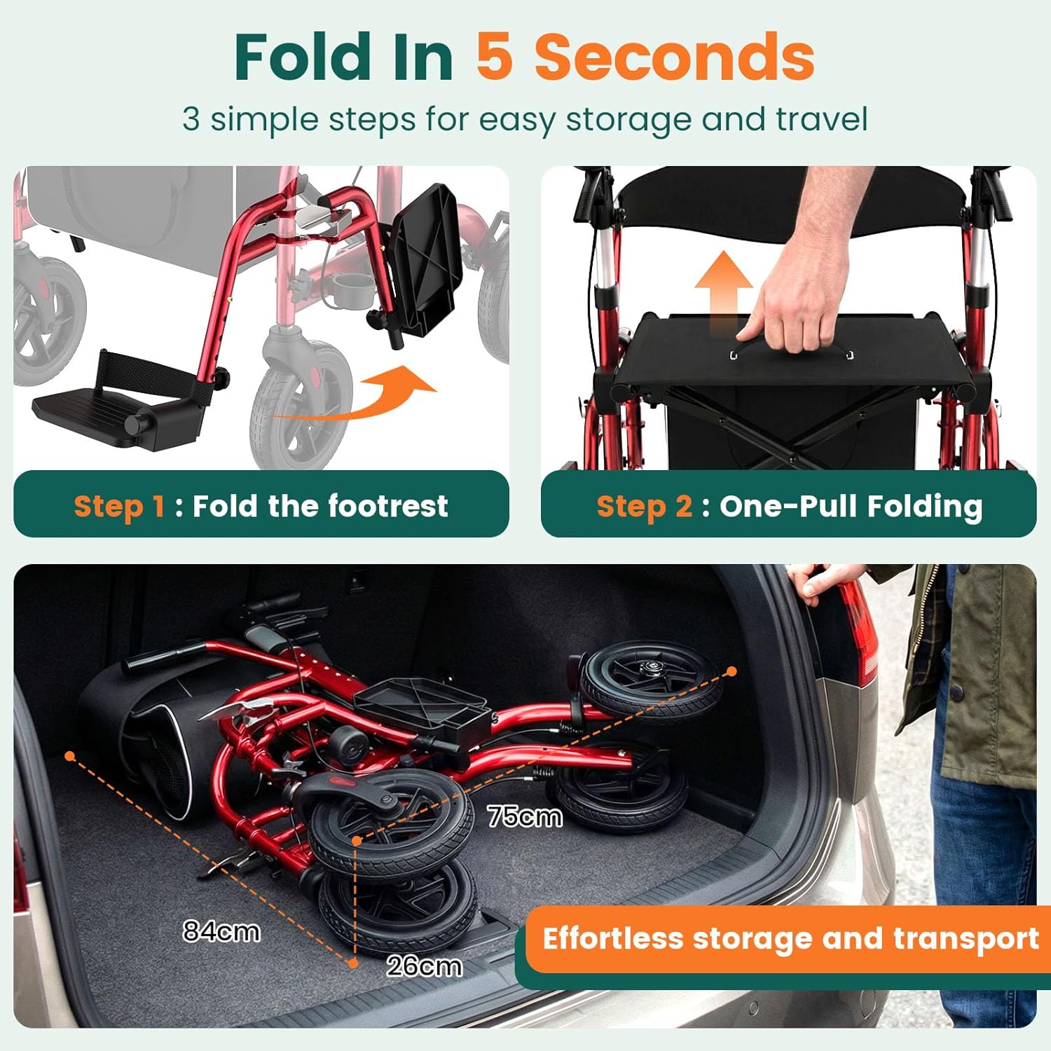 Luckfaith LR03 2 in 1 Rollator Walker, Foldable Aluminum Rollator with Footrests,Red