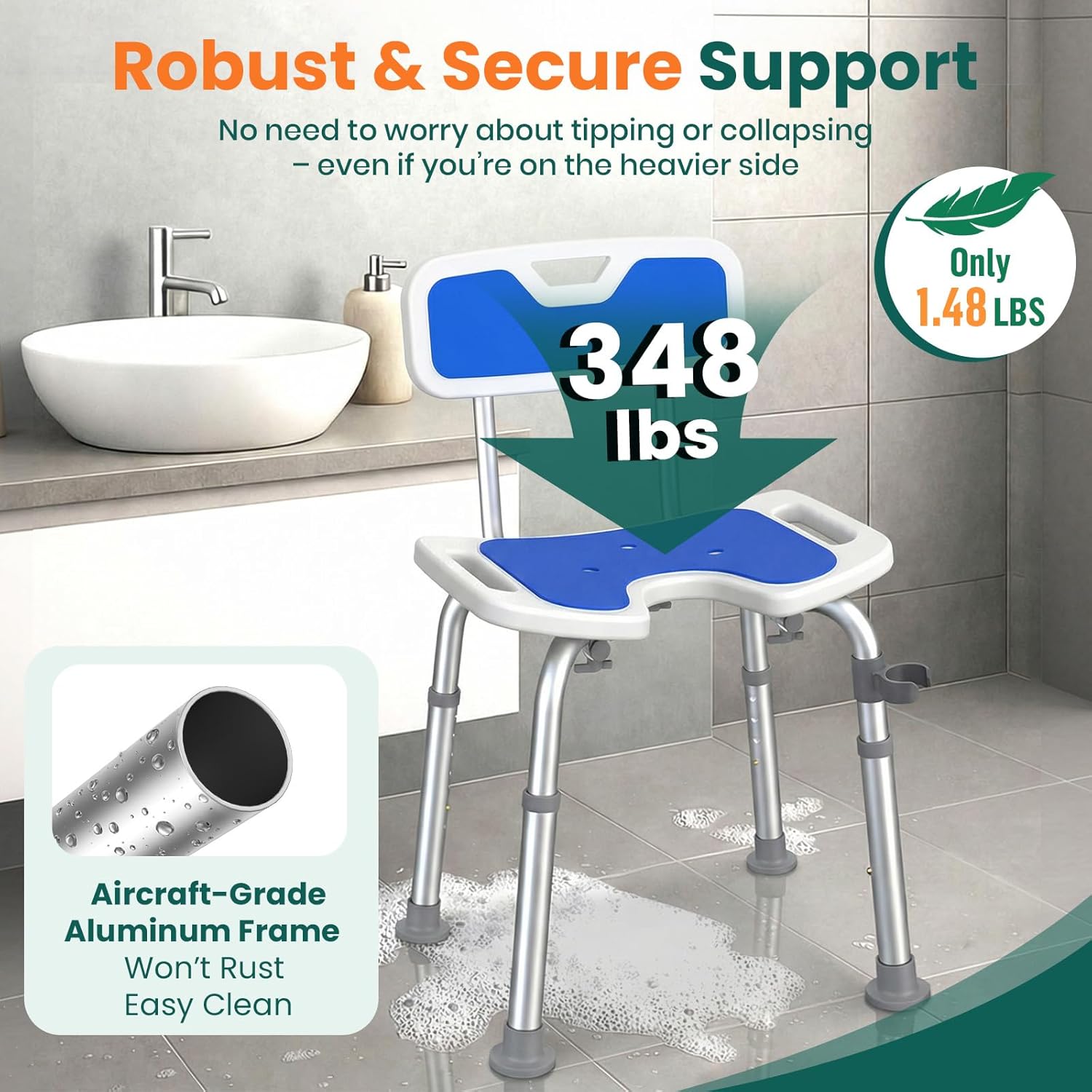 Luckfaith LC09 Shower Chair with Backrest –Height Adjustable Stool Featuring Curved Seat, Anti-Slip Foot Pads, and Integrated Shower Head Holder