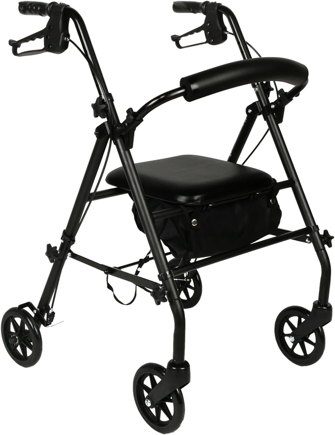 Luckfaith Foldable Rollator with Seat - 4-Wheel Walker for Seniors & Mobility Support, Height-Adjustable Lightweight Aluminum Frame, Includes Shopping Bag & Padded Seat, Black