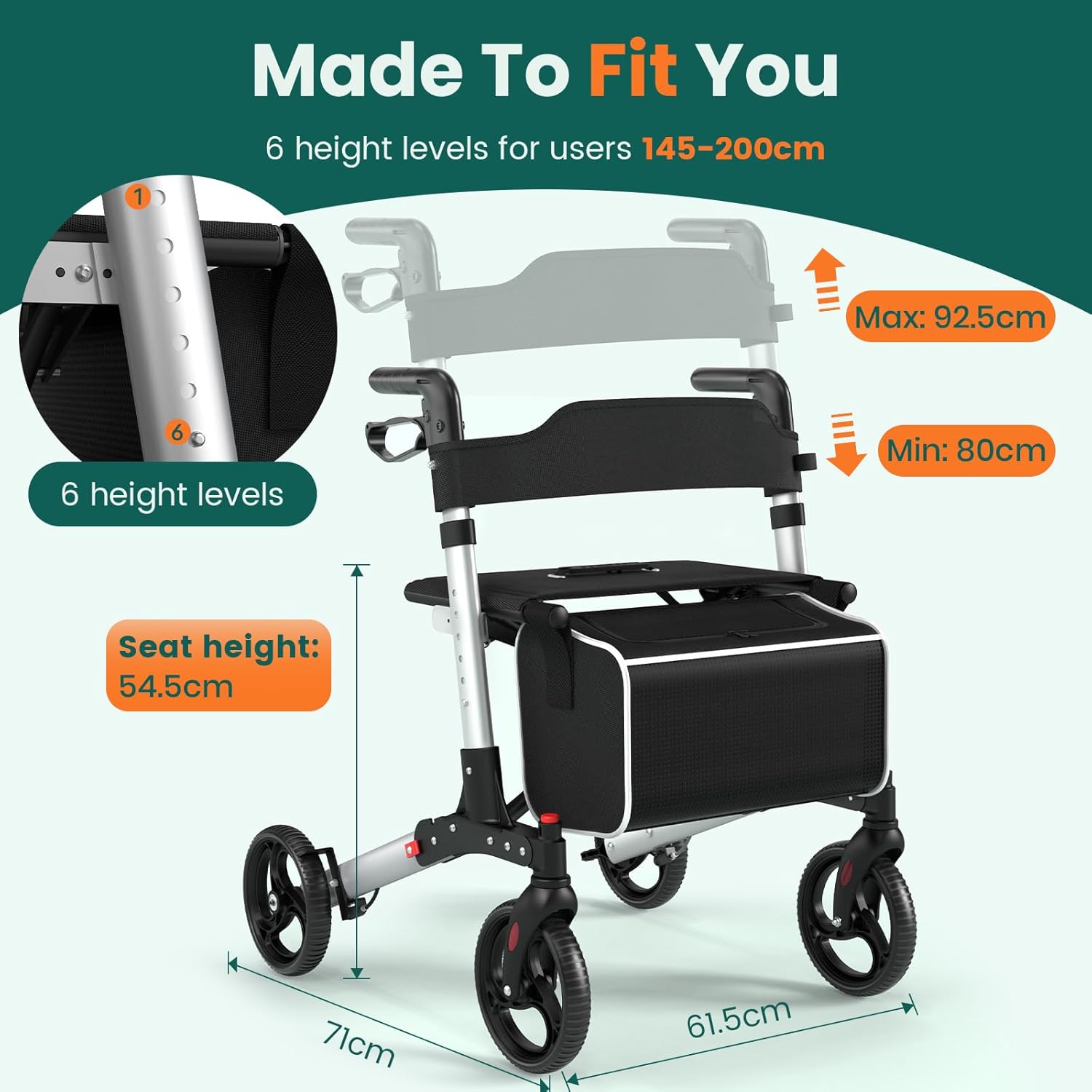 Luckfaith LR02 Wheel Rollator with Seat and Back, Lightweight Aluminium Walking Frame,Silver