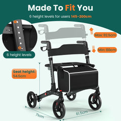 Luckfaith LR02 Wheel Rollator with Seat and Back,Foldable, Adjustable & Lightweight,Black