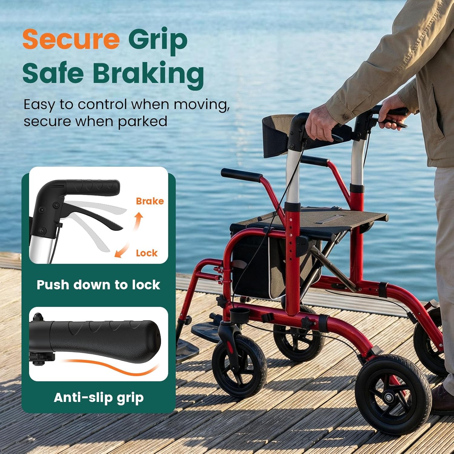 Luckfaith LR03 2 in 1 Rollator Walker, Foldable Aluminum Rollator with Footrests,Red