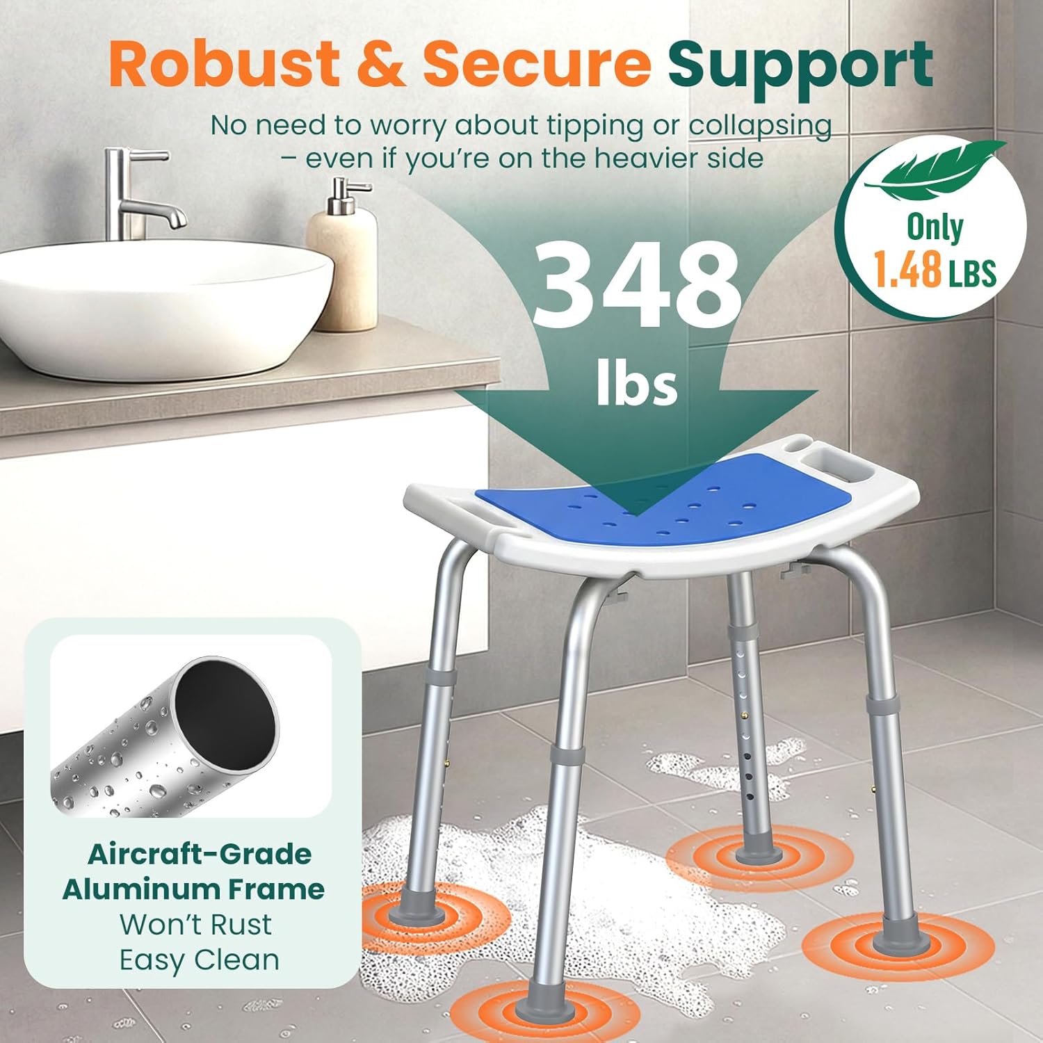 Luckfaith LC06 Shower Chair – Height-Adjustable Stool for Shower or Bathtub, Non-Slip Bench Seat for Elderly, Disabled, and Mobility-Limited Individuals