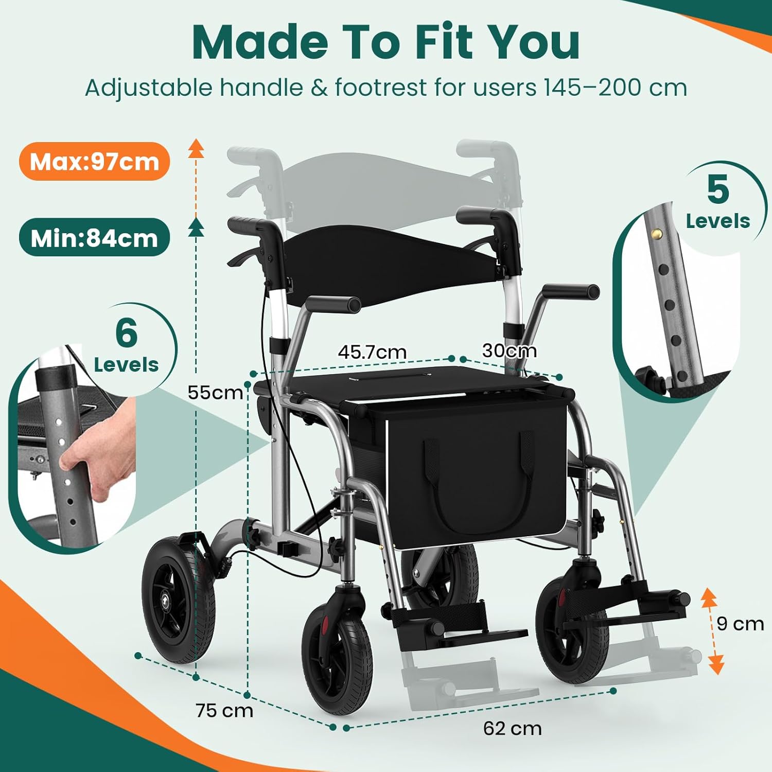 Luckfaith LR03 2 in 1 Walker Wheelchair, Folding Rolling Walker Wheelchair Combo,Charcoal Grey
