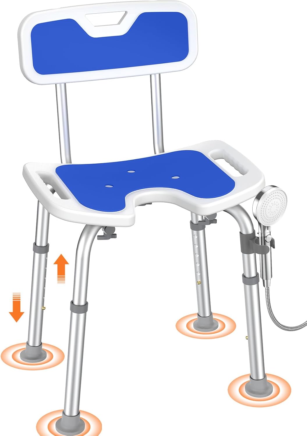 Luckfaith LC09 Shower Chair with Backrest –Height Adjustable Stool Featuring Curved Seat, Anti-Slip Foot Pads, and Integrated Shower Head Holder