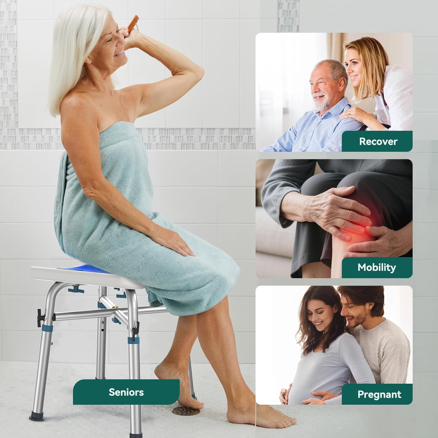 Luckfaith LC10 Height-Adjustable Shower Stool – Lightweight, Non-Slip Seat for Seniors, Pregnant Women, and Those with Limited Mobility