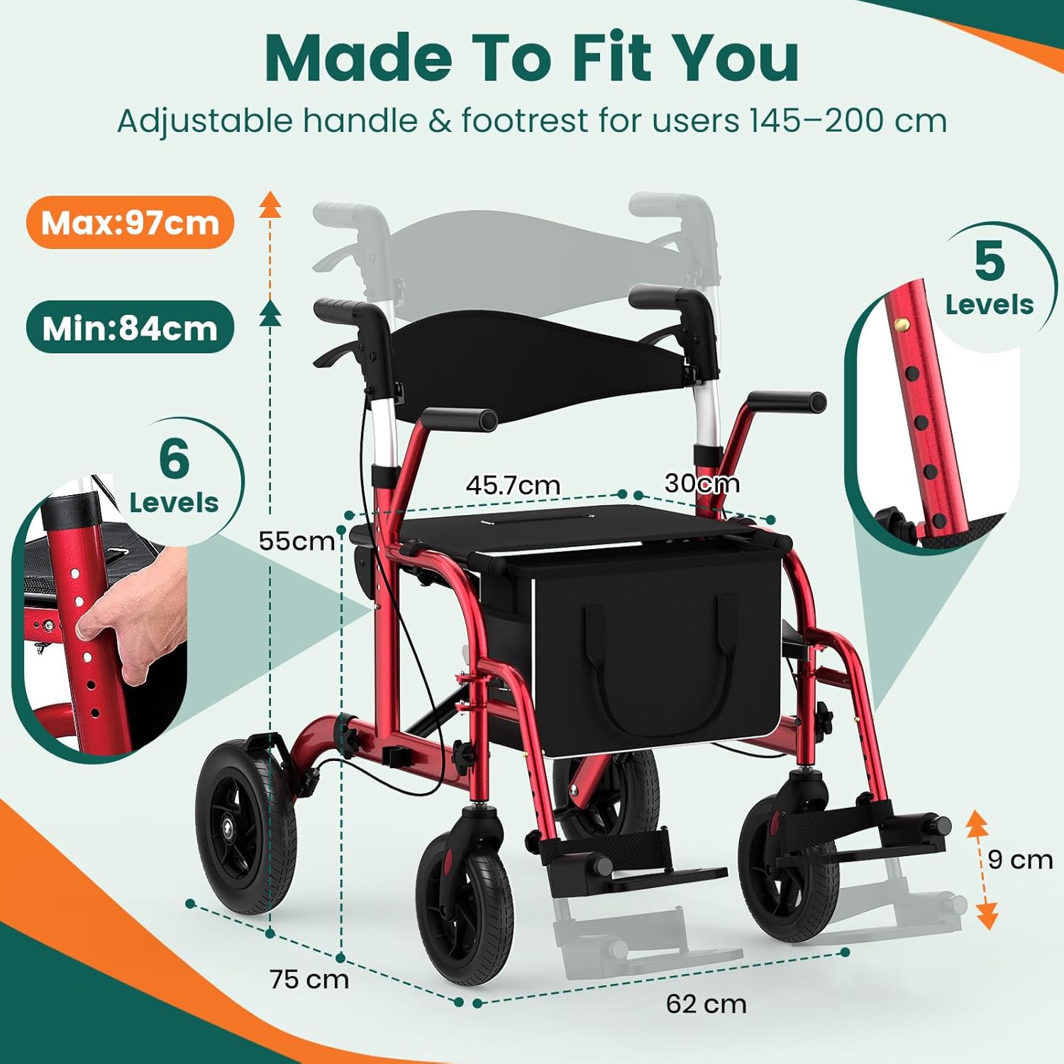 Luckfaith LR03 2 in 1 Rollator Walker, Foldable Aluminum Rollator with Footrests,Red