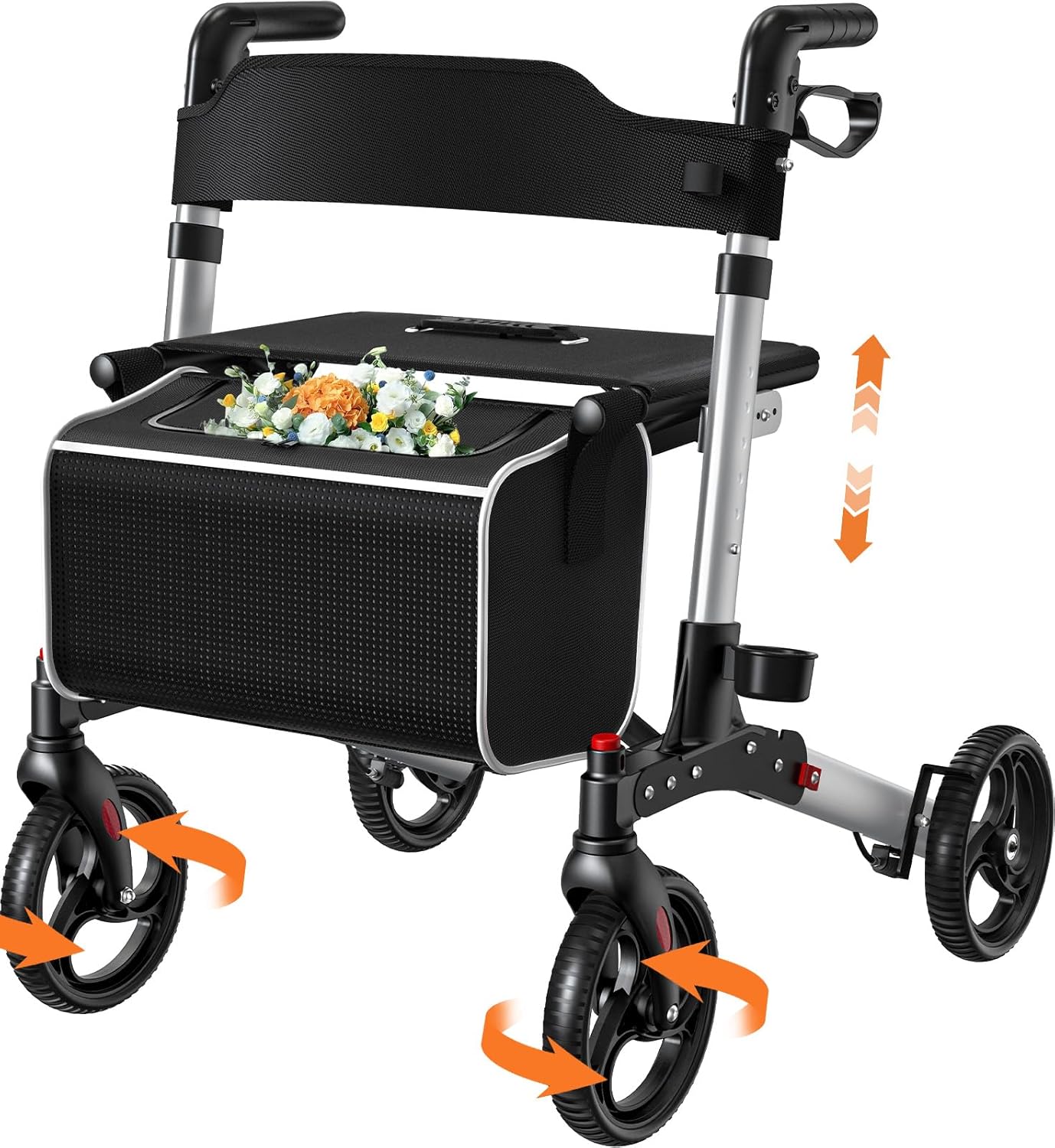 Luckfaith LR02 Wheel Rollator with Seat and Back, Lightweight Aluminium Walking Frame,Silver