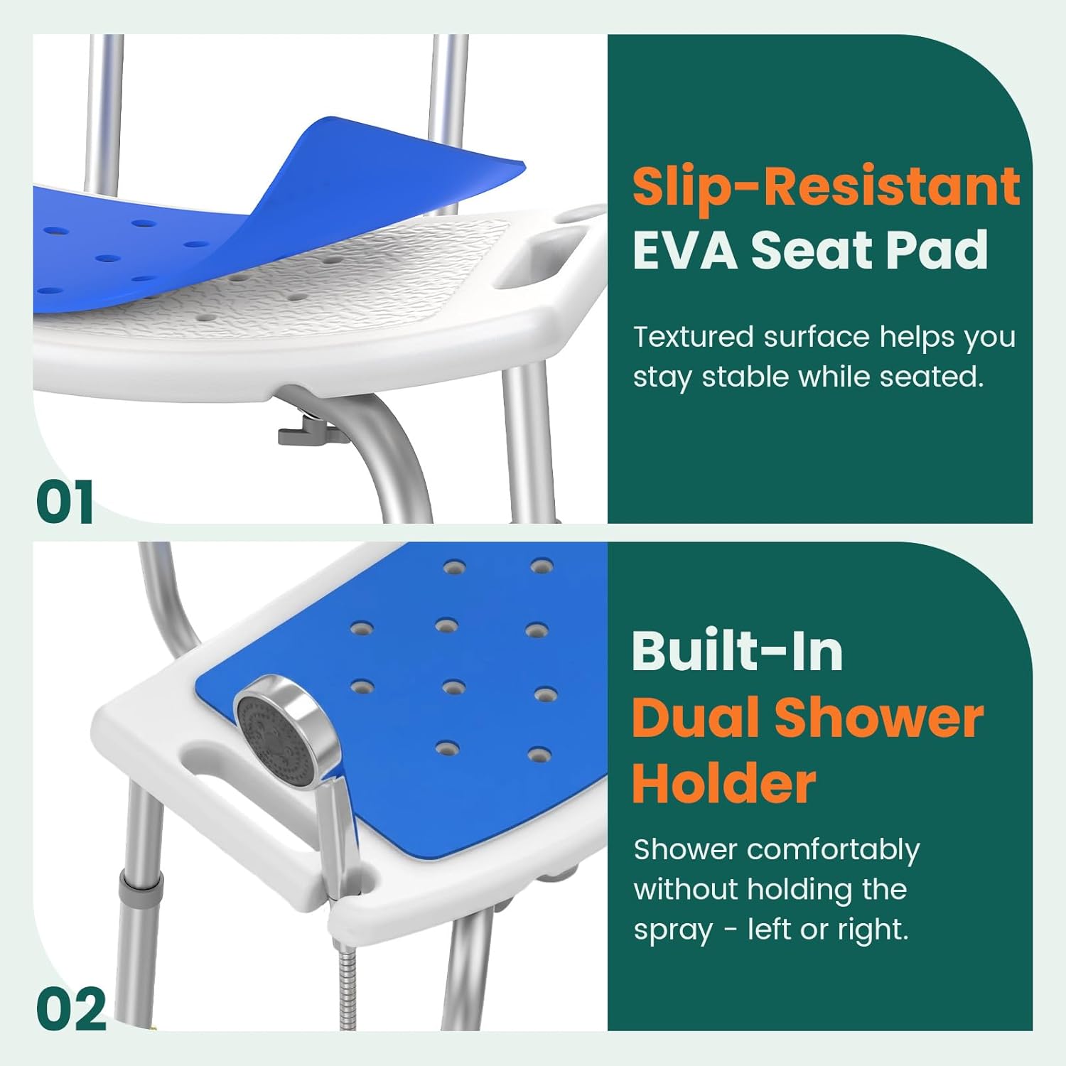 Luckfaith LC07 Heavy Duty Shower Chair with Backrest – EVA Padded Bath Seat with Tool-Free Height Adjustment, Anti-Slip Tub Bench for Elderly, Senior, and Disabled Users