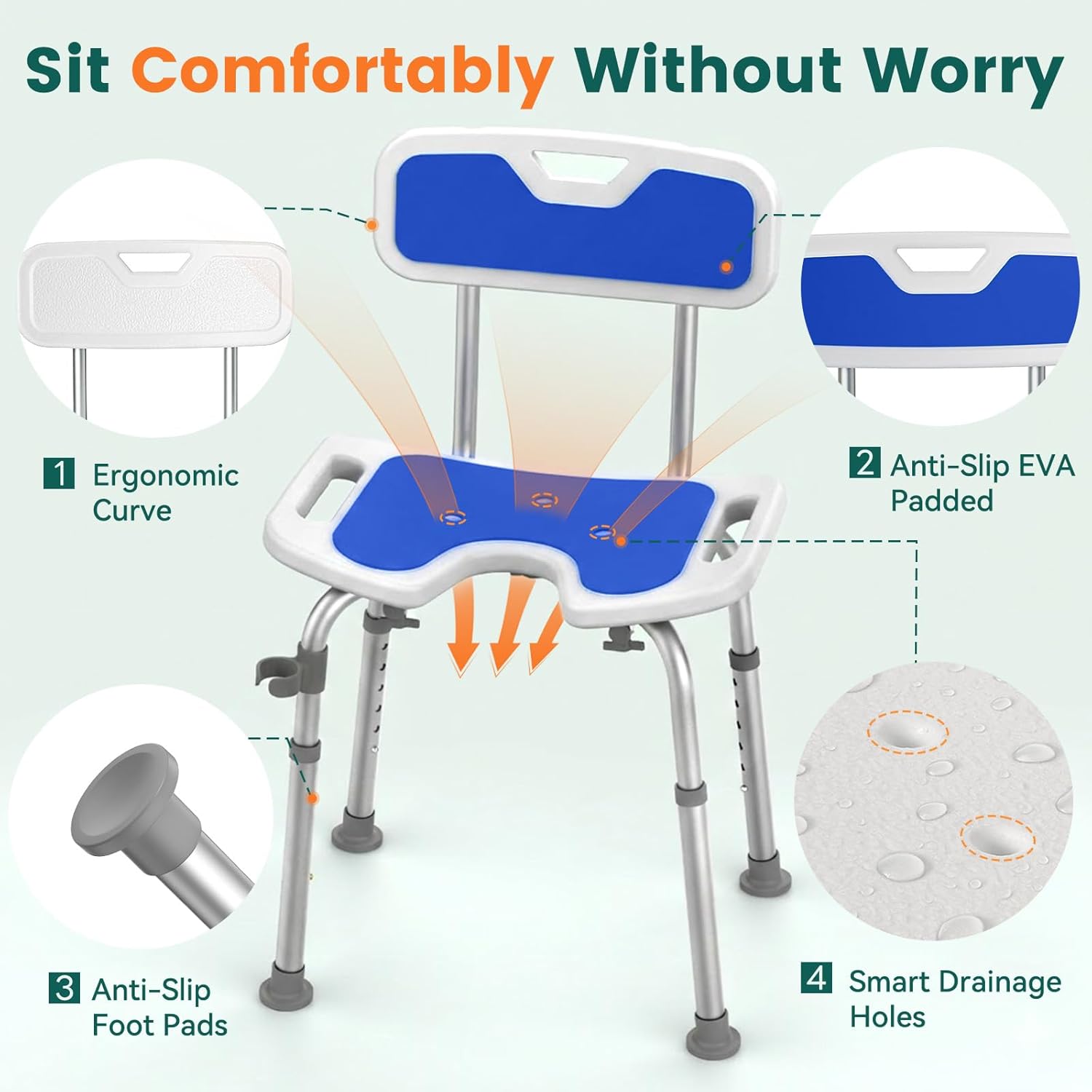 Luckfaith LC09 Shower Chair with Backrest –Height Adjustable Stool Featuring Curved Seat, Anti-Slip Foot Pads, and Integrated Shower Head Holder