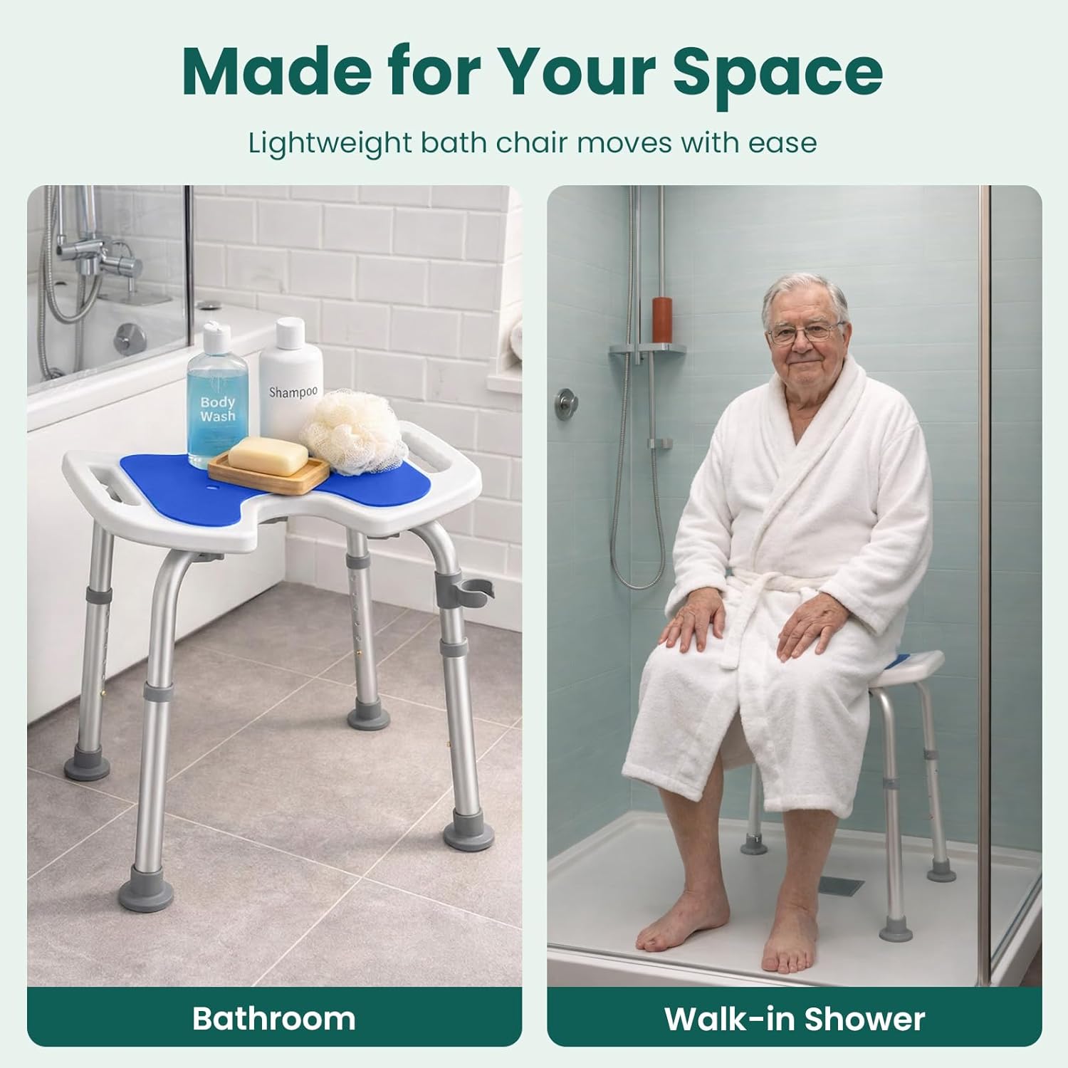 Luckfaith LC08 U-Shaped Shower Chair – Height-Adjustable Stool for Shower or Bathtub, Non-Slip Bench Seat for Elderly and Disabled Users