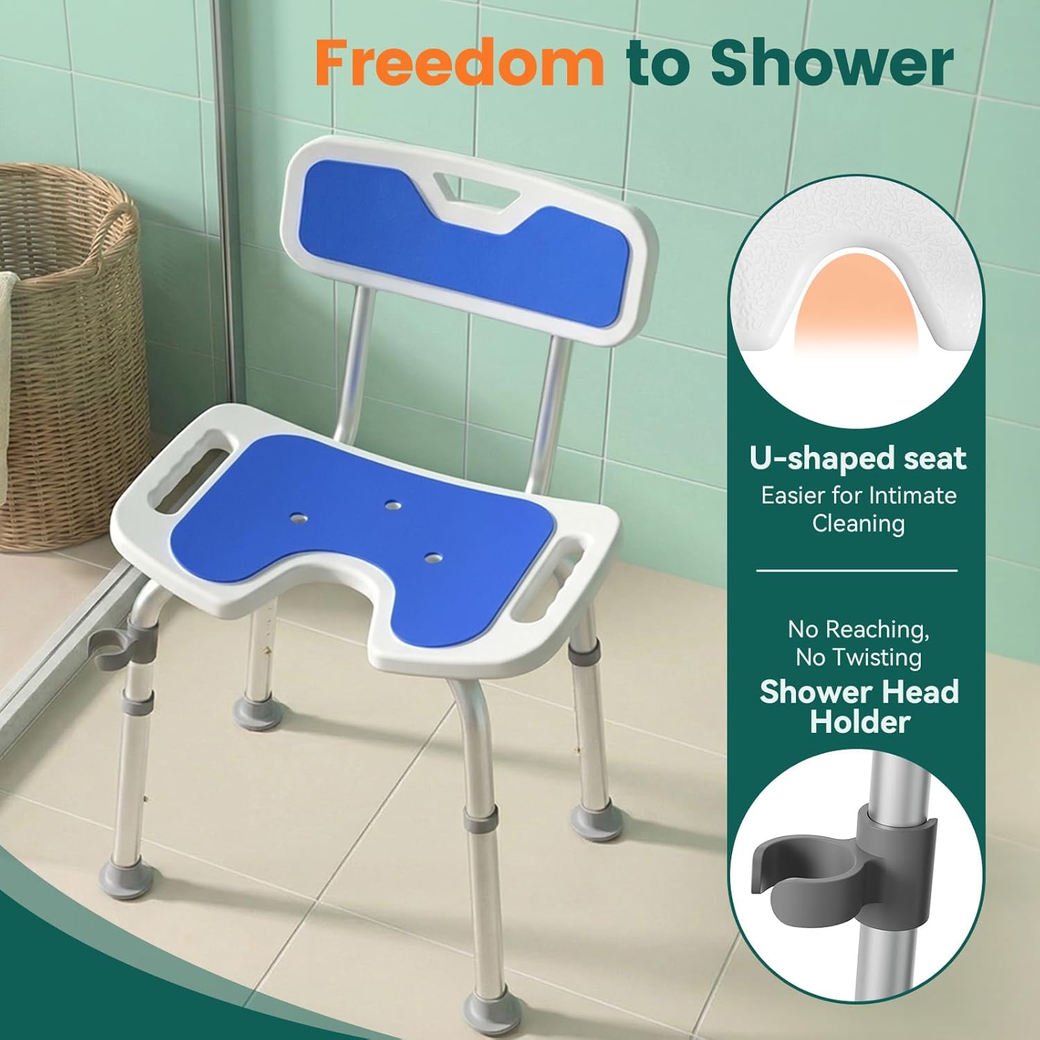 Luckfaith LC09 Shower Chair with Backrest –Height Adjustable Stool Featuring Curved Seat, Anti-Slip Foot Pads, and Integrated Shower Head Holder