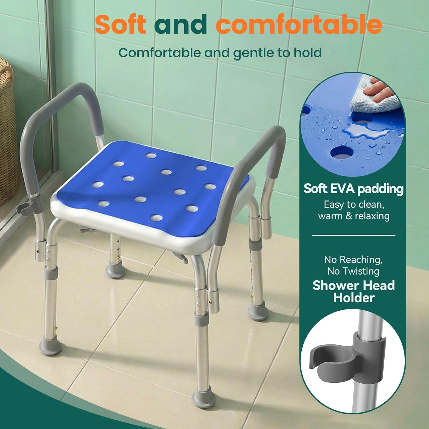 Luckfaith LC12 Shower Chair with Padded Armrests – Adjustable Bath and Non-Slip Foot Pads for Elderly and Disabled Users