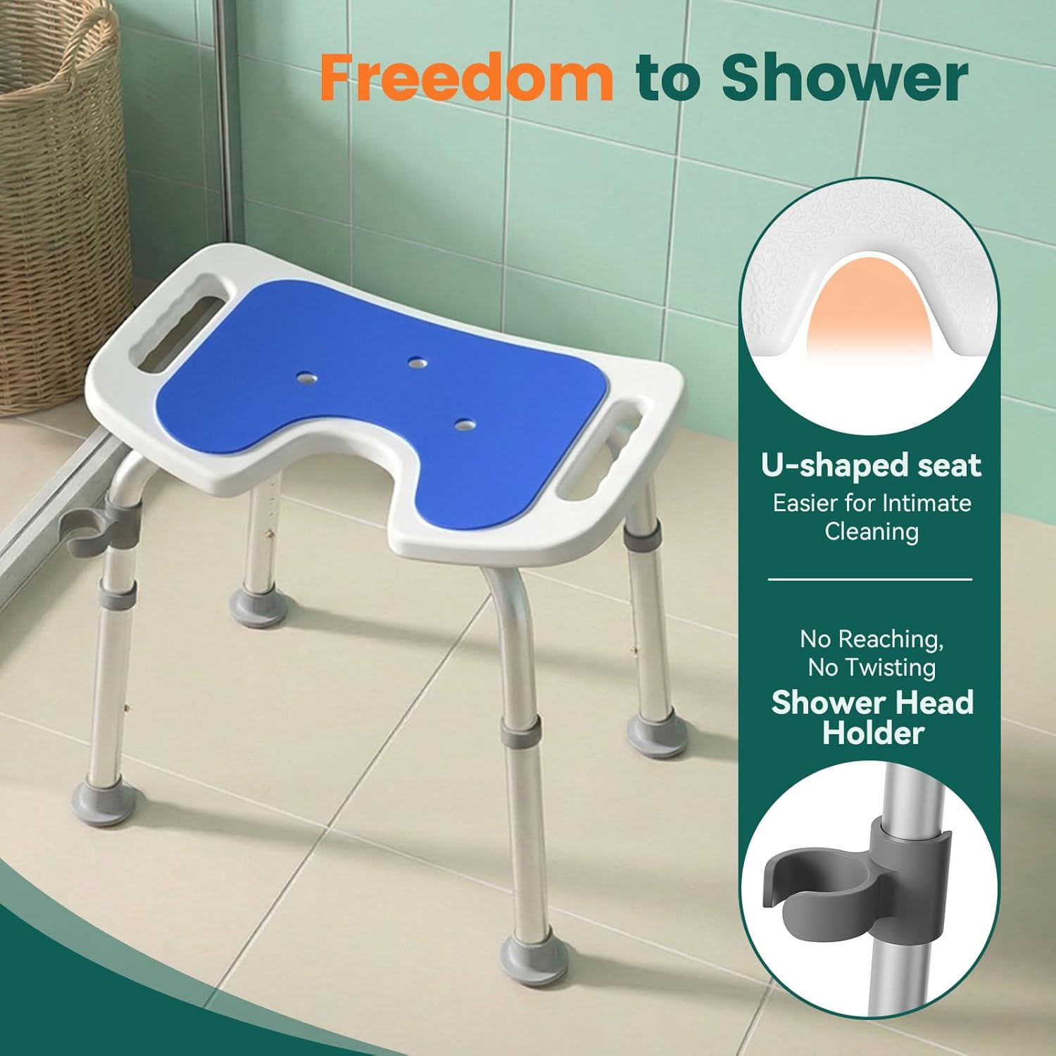 Luckfaith LC08 U-Shaped Shower Chair – Height-Adjustable Stool for Shower or Bathtub, Non-Slip Bench Seat for Elderly and Disabled Users