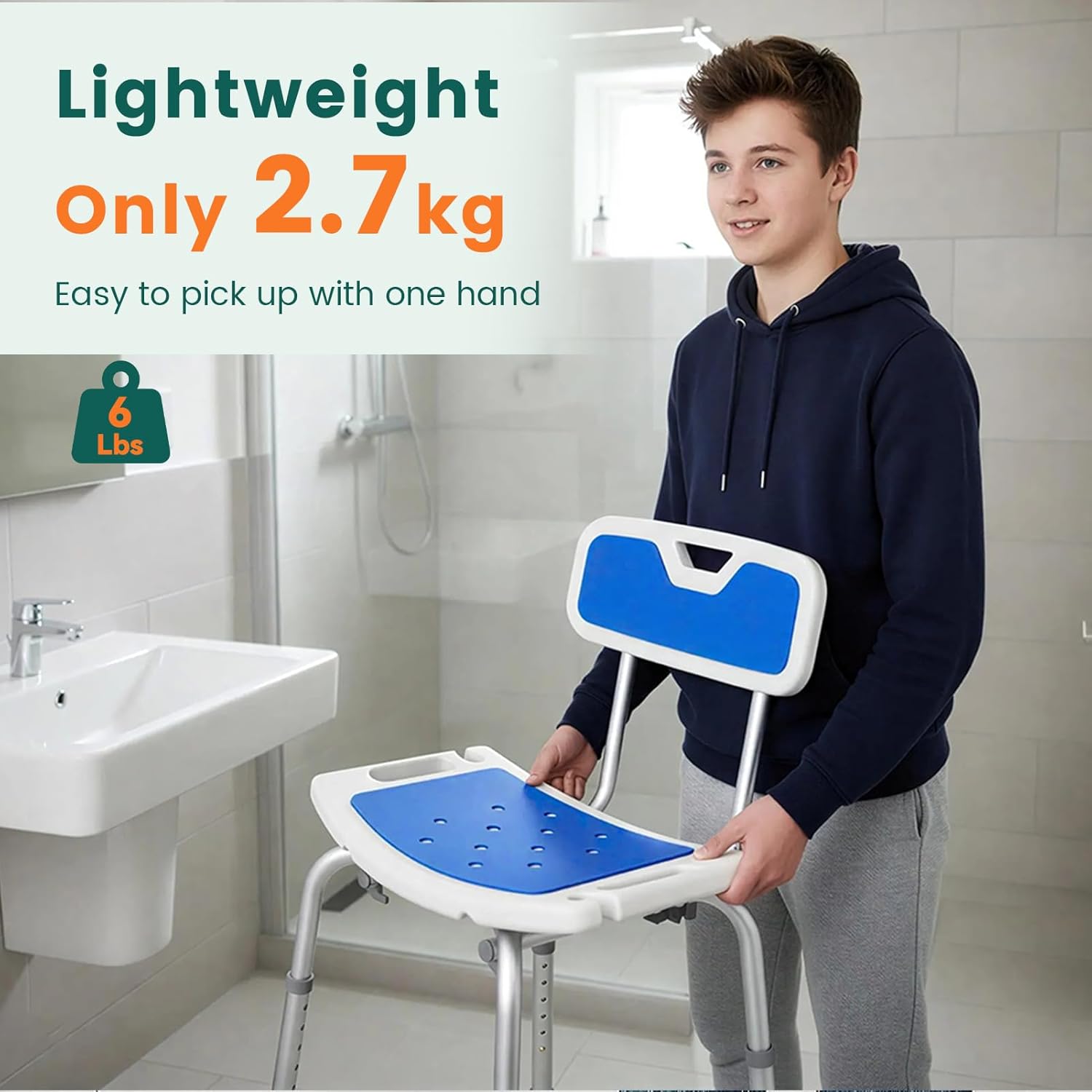 Luckfaith LC07 Heavy Duty Shower Chair with Backrest – EVA Padded Bath Seat with Tool-Free Height Adjustment, Anti-Slip Tub Bench for Elderly, Senior, and Disabled Users