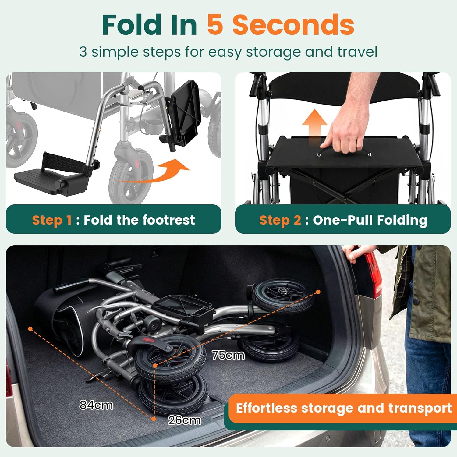 Luckfaith LR03 2 in 1 Walker Wheelchair, Folding Rolling Walker Wheelchair Combo,Charcoal Grey