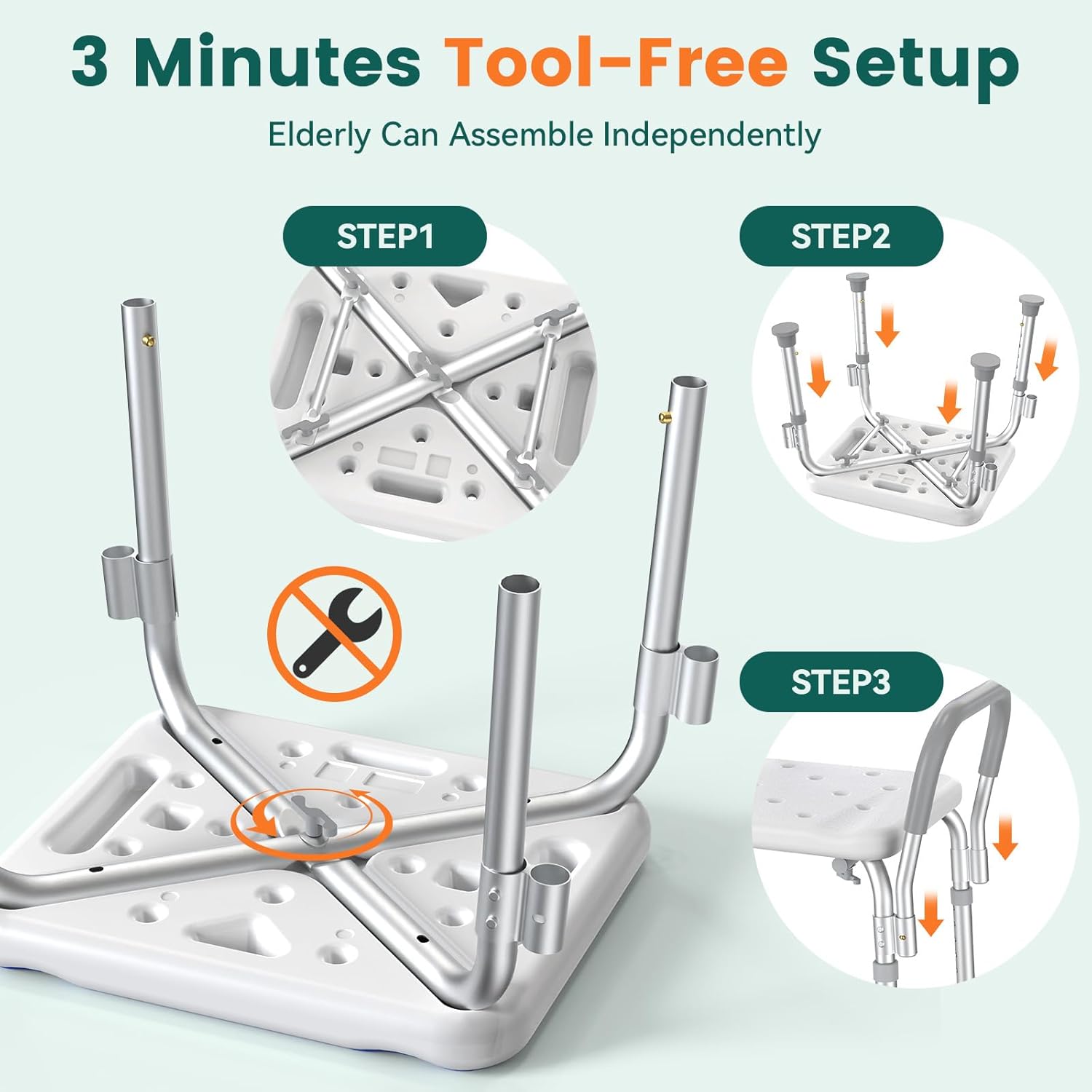 Luckfaith LC12 Shower Chair with Padded Armrests – Adjustable Bath and Non-Slip Foot Pads for Elderly and Disabled Users