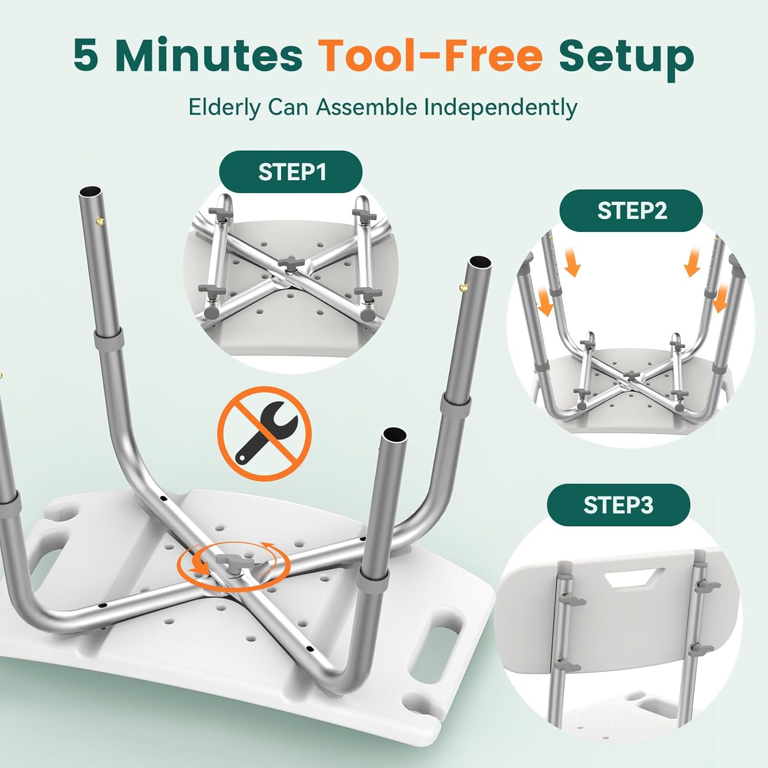 Luckfaith LC07 Heavy Duty Shower Chair with Backrest – EVA Padded Bath Seat with Tool-Free Height Adjustment, Anti-Slip Tub Bench for Elderly, Senior, and Disabled Users