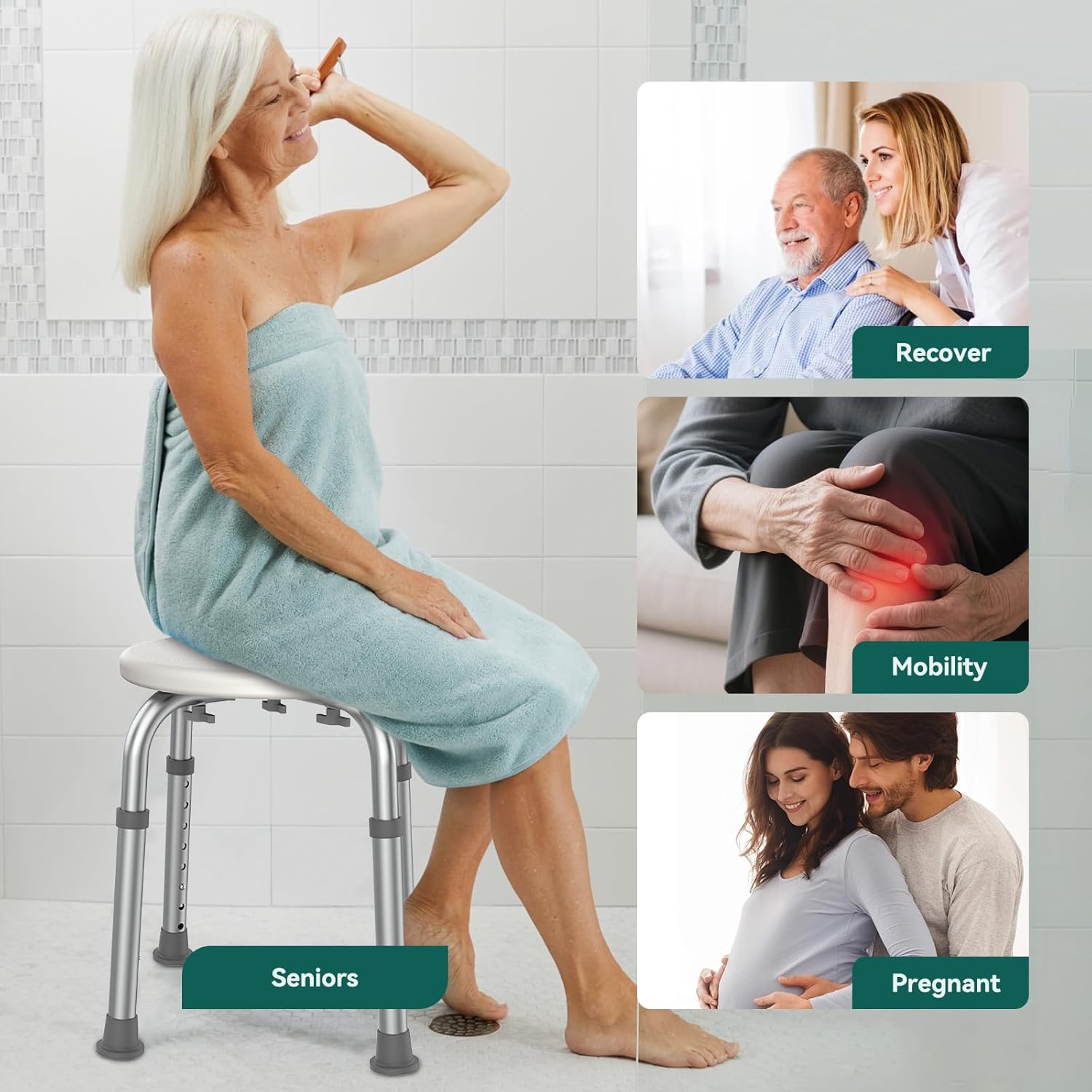 Luckfaith LC05 Shower Chair – Adjustable Height Aluminum Frame Stool with Non-Slip Feet for Bathtub Use, Designed for Elderly and Disabled Users